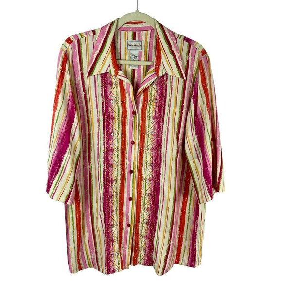 Napa Valley Linen Blend Button Up Shirt Women XL White Pink Stripe Embroidery - Picture 1 of 6